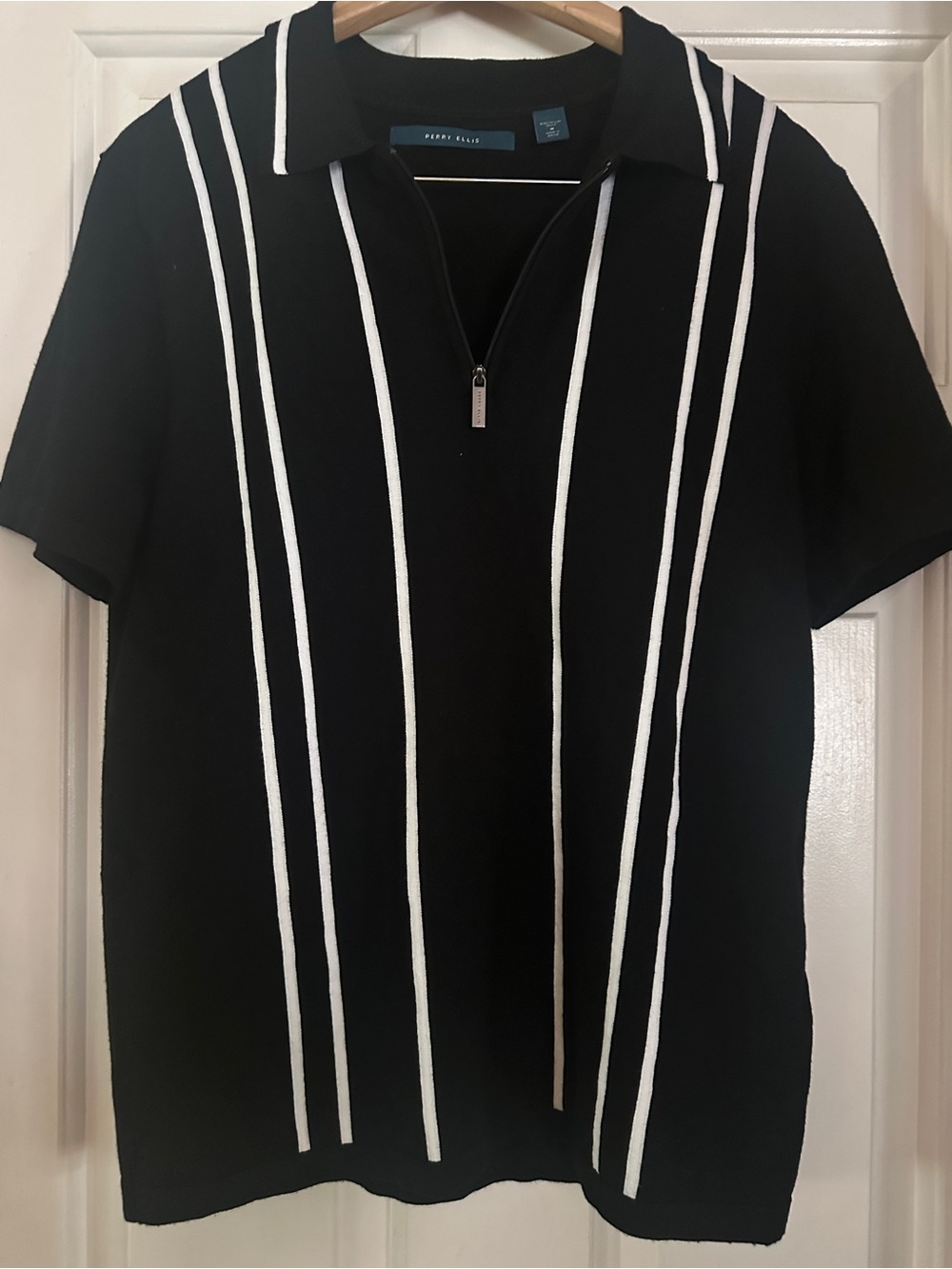 Perry Ellis Black Polo with White Vertical Stripes and Zip Placket
